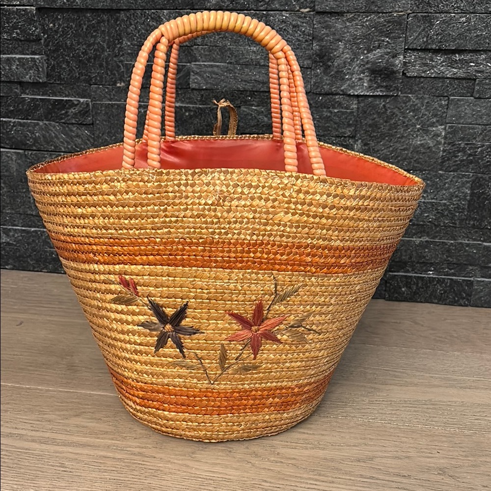Handcrafted Straw Tote Bag with Orange Accents